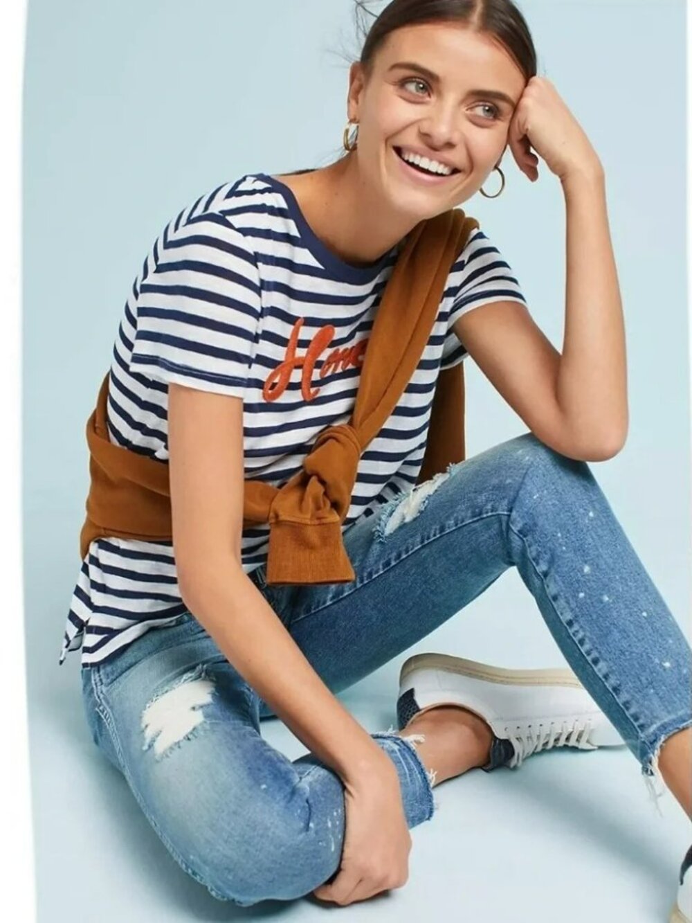 Anthropologie Honey Striped T-Shirt White & Blue Short Sleeve Graphic Print XS